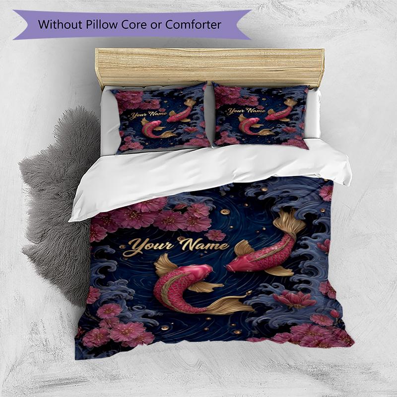 Poisson Koi Fleur Personnalisé Nom Texte Impression 1 Pièce Ensemble de Literie Housse de Couette Avec Deux Taies d'Oreiller Linge de Lit Doux Pour Chambre à Coucher Domestique