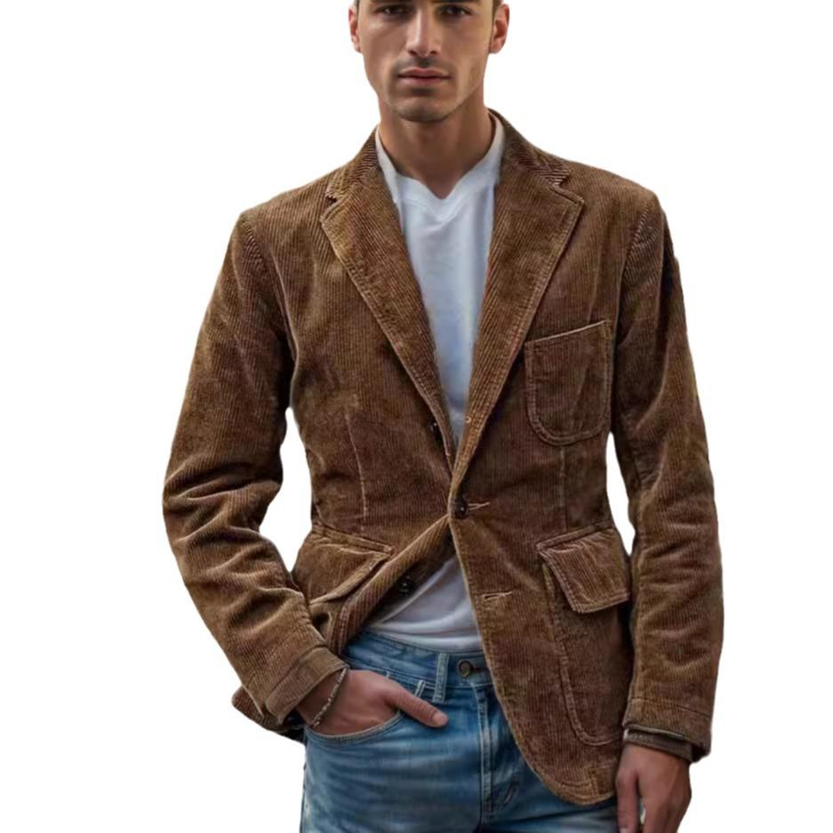 Men's Corduroy Blazer Jacket, Casual Soft Single-Breasted Sport Coat, Notch Lapel with Flap Pockets