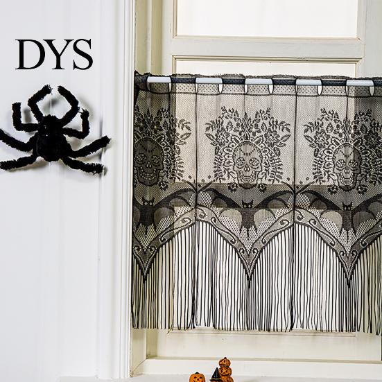 Rod Pocket Valance Halloween Lace Window Valance, Bat Skull Pattern Gothic with Fringes, Black Sheer Curtain for Kitchen Cabinet Decoration