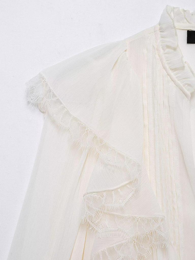 Cămașă de damă de primăvară 2025 stil european și american cu dantelă, decolteu în V și mâneci lungi