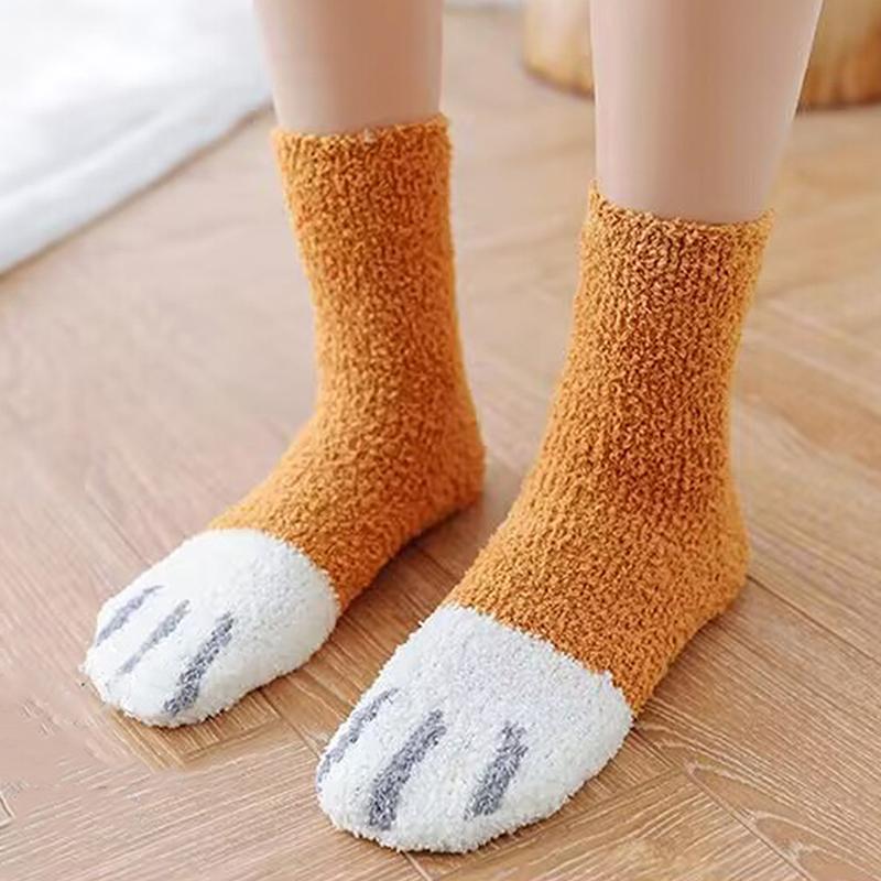 1 Pair Autumn Winter Coral Velvet Socks Cute Cat Claw Socks For Women Girls Middle Tube Thickened Sleep Socks Home Floor Socks