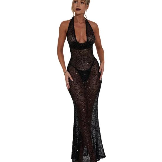 Women's Sheer Mesh Maxi Dress Sparkly Sequins See Through Halter Long Dress Deep V Neck Backless Bodycon Dress Sexy Party Outfits