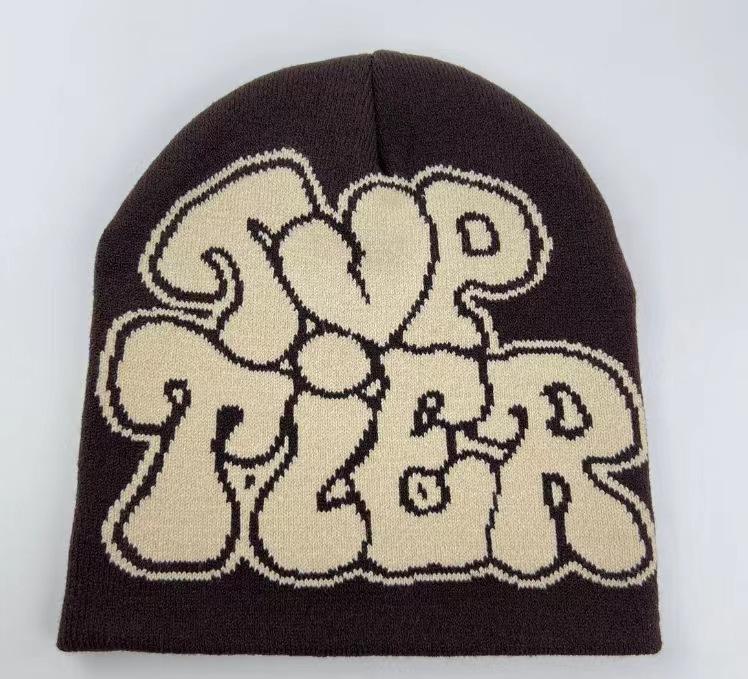 Casual Hip Hop Style Cap Bold Black Lettering with Red Heart Graphic Custom Logo Elastic Knitted Unisex Jacquard Beanie