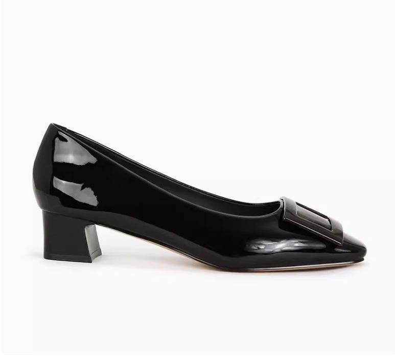 

Sheepskin version~ Su Yinyin has the same leather square head square buckle shallow mouth ol commuting thick heel single shoes women s high heels we 34