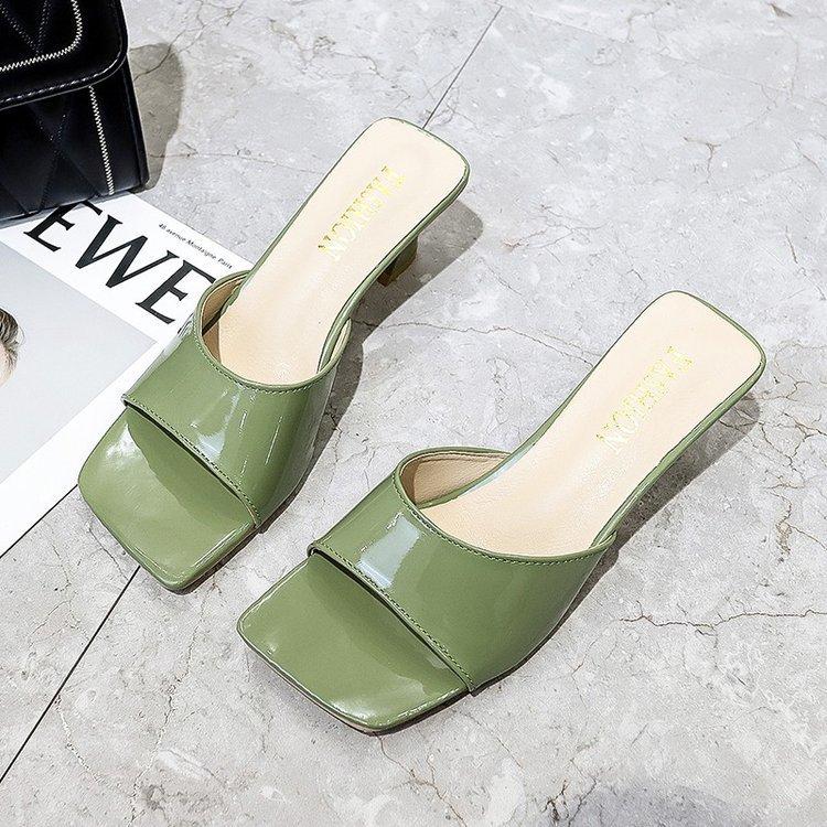 Women's Summer Mid Heel Slide Sandals, Square Toe Open-Toe Slippers One-Strap High Heel Slip-On Shoes