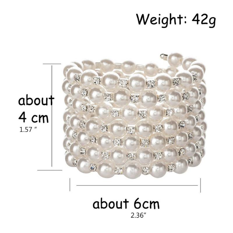 Gold/Silver Pearl Bracelet with Crystals and Sparkling Diamonds Pearl Elastic Bracelet-7 Rows Art Deco Bridal Jewelry