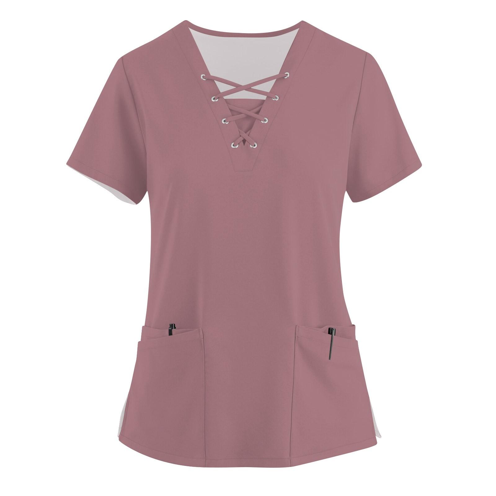 

Женская модная рабочая одежда с v-образным вырезом и короткими рукавами, однотонные топы с завязками и карманами и защитная одежда M розового золота