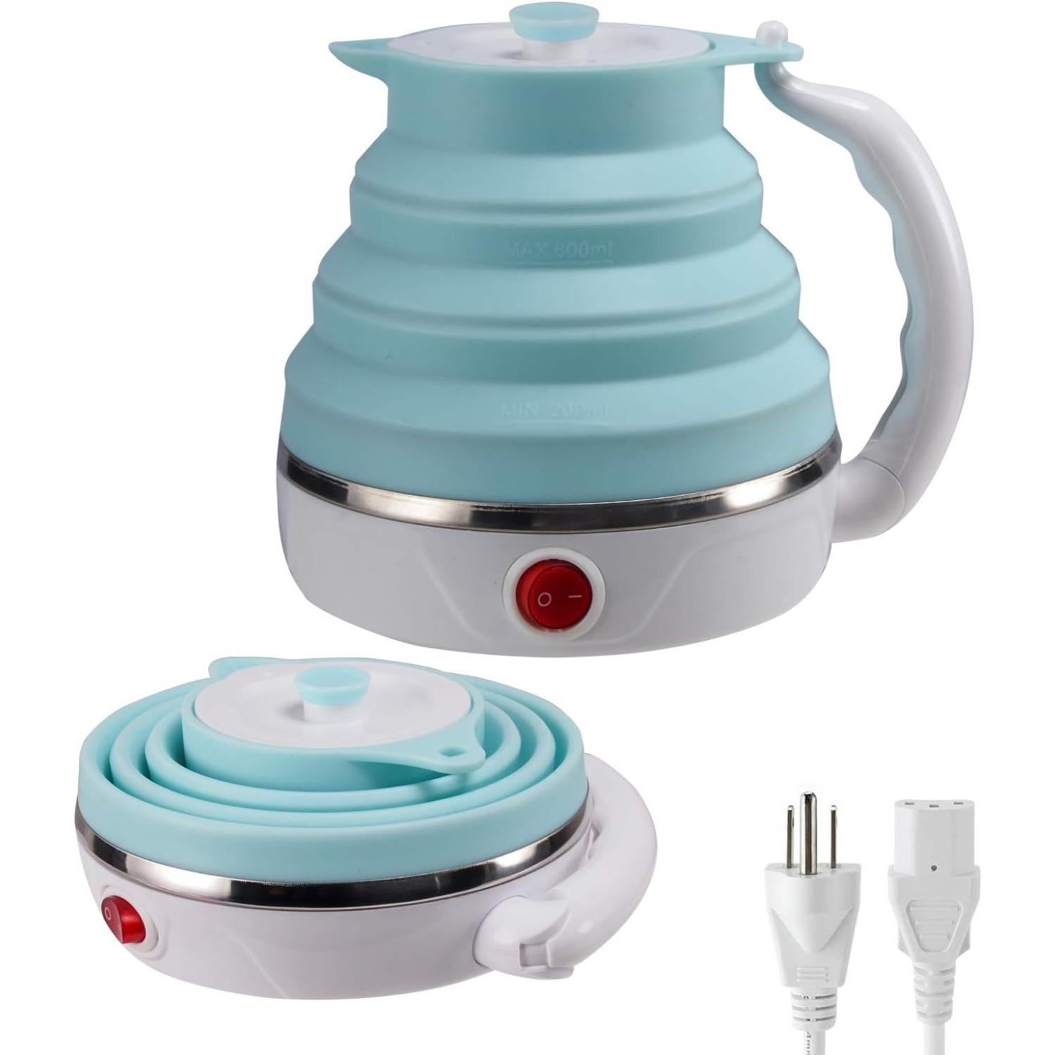 Travel Foldable Electric Kettle, Collapsible Electric Kettle Food Grade Silicone Small Pot Boiling water,Dual Voltage,600ml