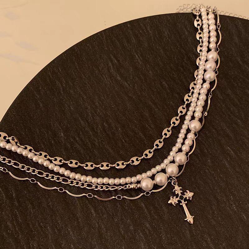 

Multi-layer Pearl Cross Necklace: Sweet, Cool, Spicy Girl Choker for Women with Niche Design.