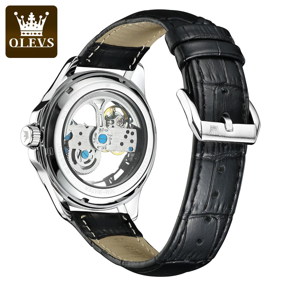 OLEVS 6661 Man Watch Luxury Fashion Leather Strap Fully Transparent Hollow Mechanical Wrist Watch for Men Original Men's Watches