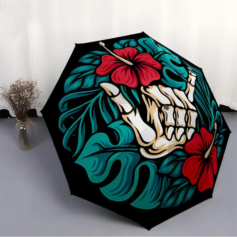 1pc Skull Flowers Automatic Open/close Folding Compact Umbrella, 8 Rib Sturdy Canopy, Lightweight Portable, Everyday Use, Gift,,139