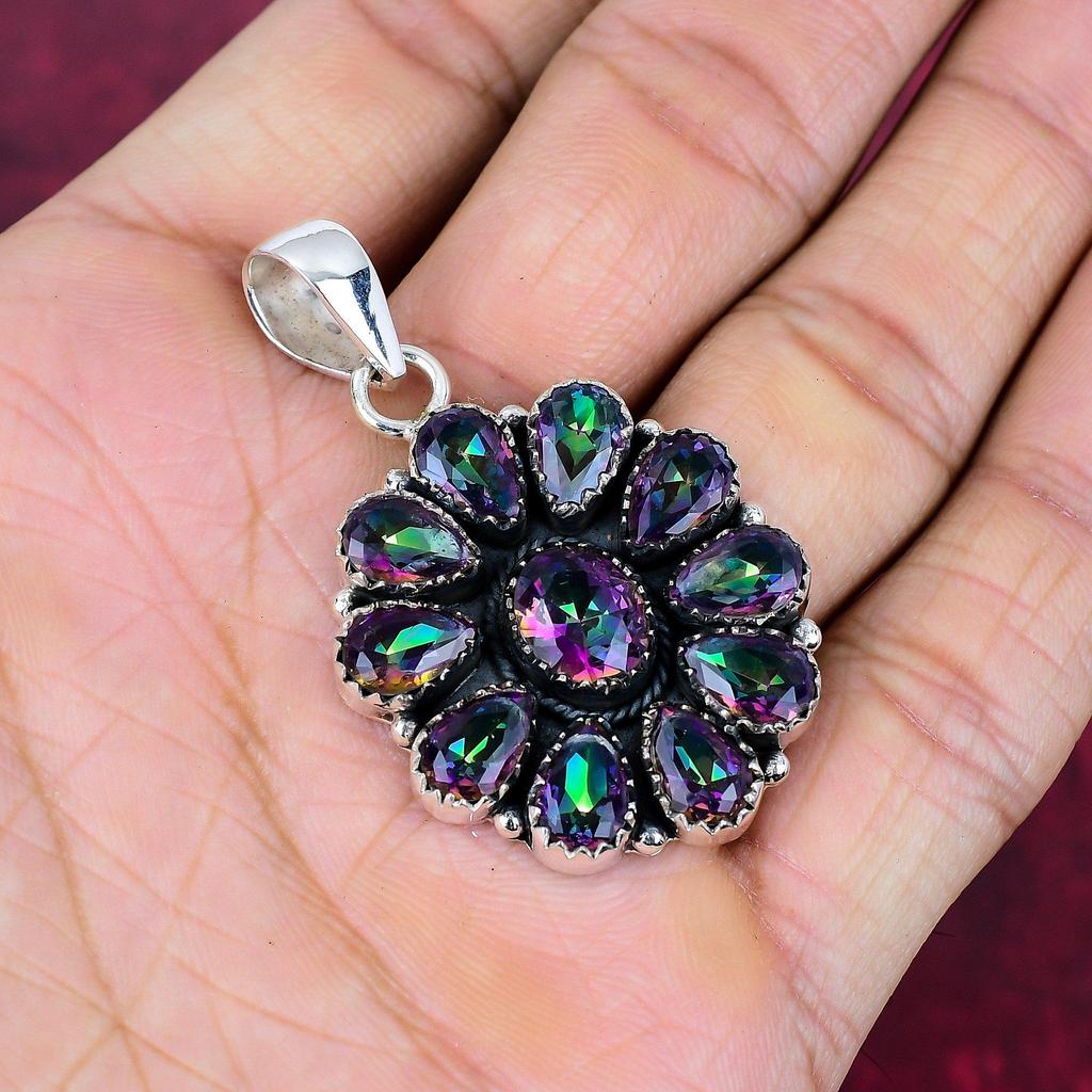 Pendentif en argent sterling massif 925 avec topaze mystique, bijou fait main en pierres précieuses, pour le Memorial Day