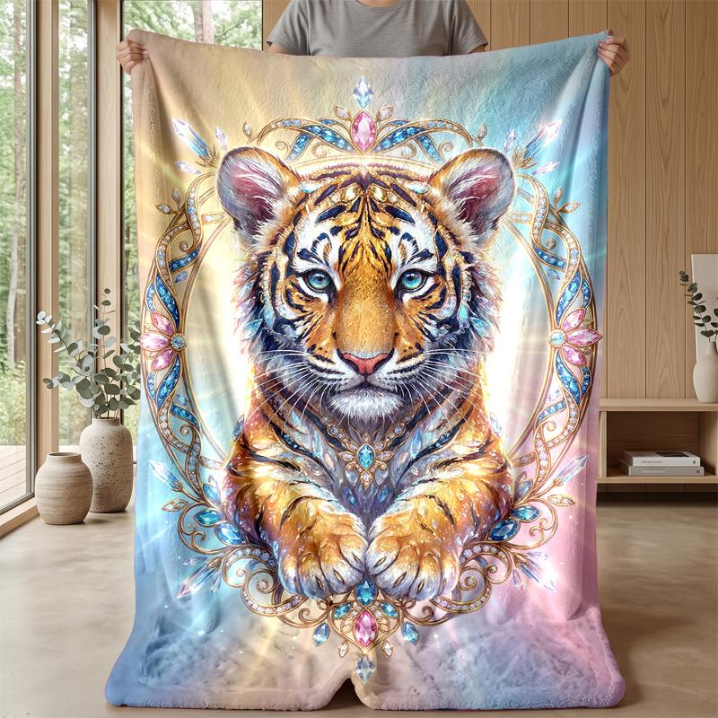 Elegant Tiger with Roses Theme blanket Lightweight Warm Flannel Blanket Decorative Throw Blanket for Home Decoration
