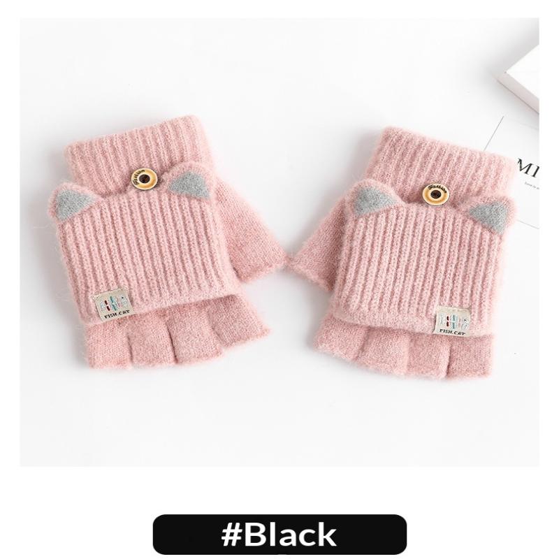 Women'S Cat Ear Convertible Fingerless Gloves, Winter Warm Gloves, Elastic Fit Design, Fashionable And Warm Cat Ear Gloves