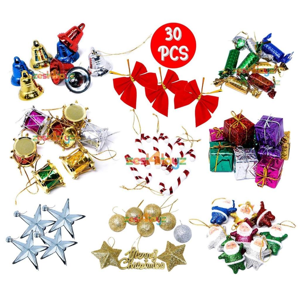 (30 Pcs) Multicolor  Christmas Decorations with Bells Candy Sticks Stars Gift Boxes and Santa Ornaments Christmas Tree Decoration Items