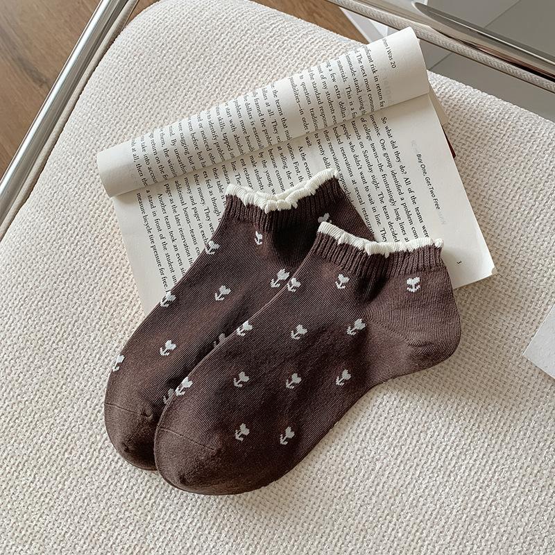

Женские тонкие бесшовные носки-лодочки на весну и лето, кружевные ретро хлопковые носки с мелким цветочным принтом, универсальные и милые короткие носки для женщин 1 pair темный кофе