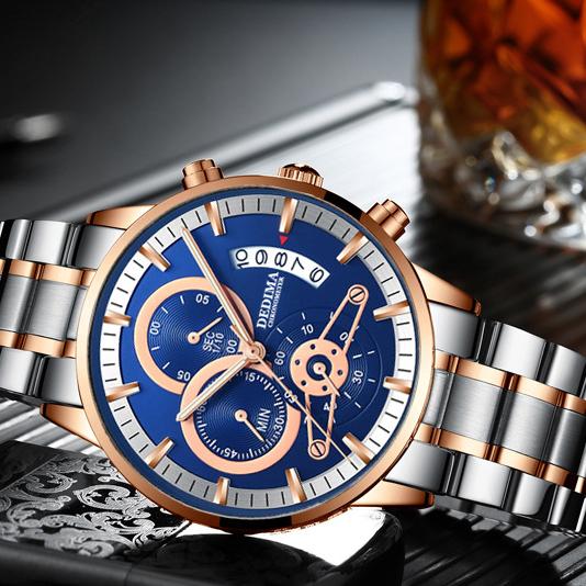 KINGNUOS Herrenuhr mit massivem Stahlarmband, wasserdicht, beschichtetes Glas, leuchtend, drei Augen, 6 Zeiger, Quarzuhr