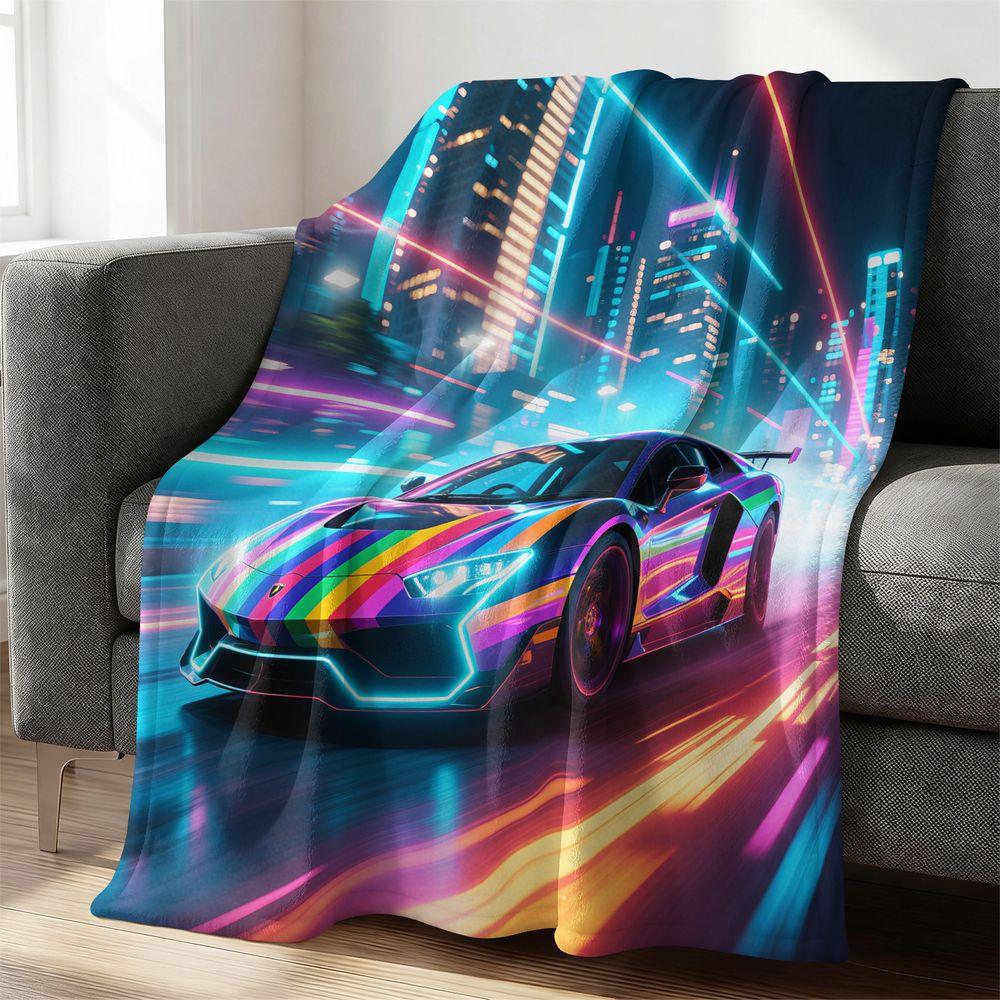 Cyberpunk Sports Car Flannel Blanket Futuristic Neon City Art Throw Soft Plush Fleece Bed Blanket Warm Gift Blanket Home Decor 100cmx150cm
