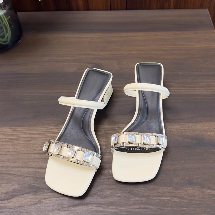 

Women s shoes 2025 summer new soft leather versatile square head open toe rhinestone middle heel Internet celebrity cool slippers half drag one word 40