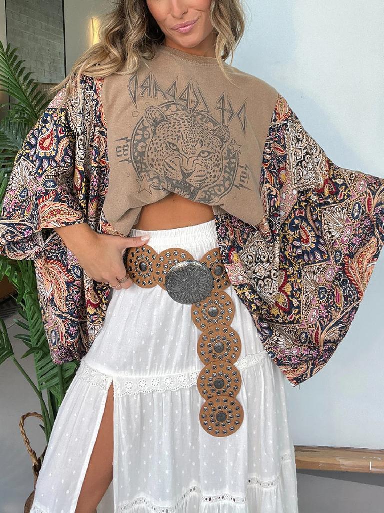 New Printed Crew Neck Loose Casual Batwing Sleeve Top for Women