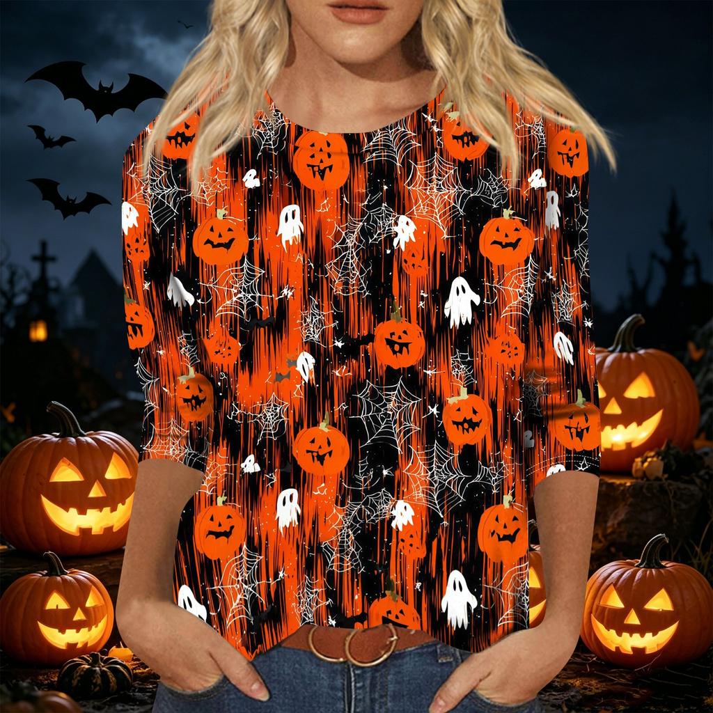 Women's Casual Halloween Print Round Neck Three Quarter Sleeve T Shirt Top Loose Fit Comfortable Fabric Seasonal Design