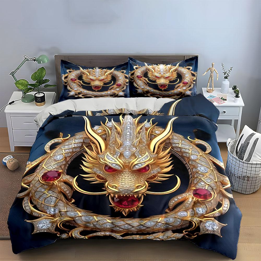 Golden Dragon Decorative Set Bedding Set with 1 Duvet Cover 2 Pillowcases Single Double King Queen Gift