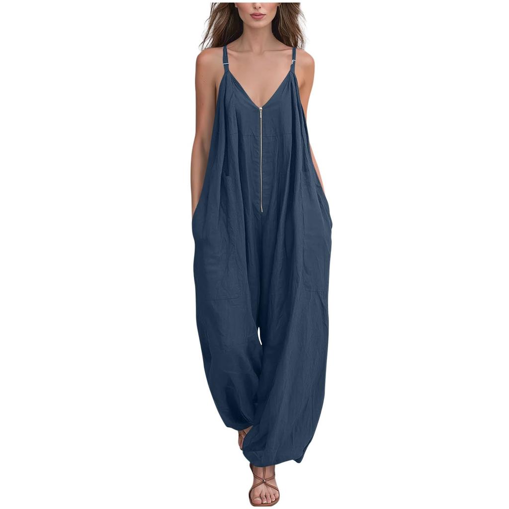Damen Mode Einfarbiger Reißverschluss V-Ausschnitt Verstellbarer Träger Lockerer Schnitt Ärmellos Weiter Bein Jumpsuit mit Taschen für Freizeitkleidung