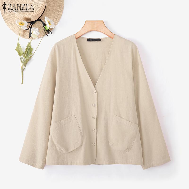 ZANZEA Women Casual V-Neck Loose Long Sleeve Cotton Blouse