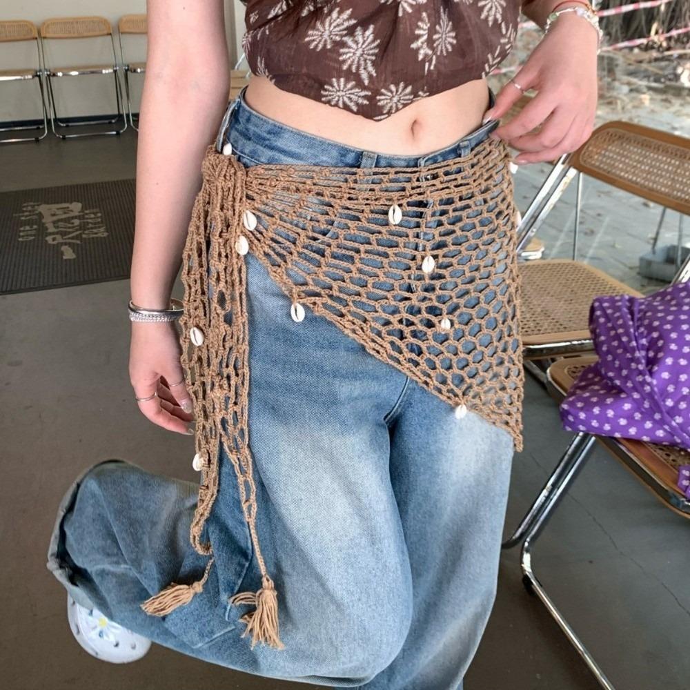 Knitted Crochet Short Skirt Wrap Shell Waist Belt Korean Style Triangle Hip Scarf Outfit