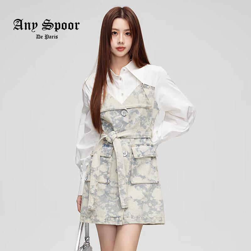 

ANY SPOOR Faux Two-Piece Tie-Dye Denim Shirt Dress S