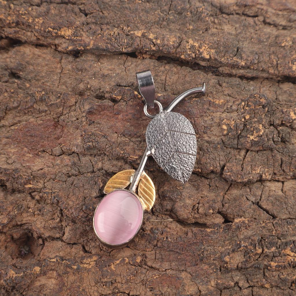 Oval Natural Pink Cat'S Eye Sterling Silver Best Sisters Gift Pendant Jewelry PP-55-28