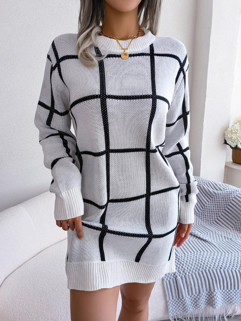 Winter Casual Color Checkered Long Sleeved Base Woolen Dress For Women