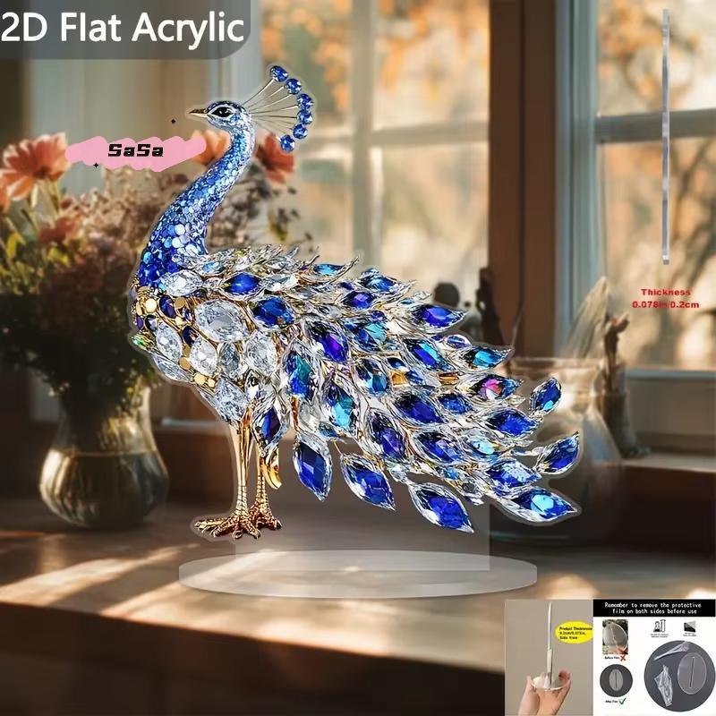 S-1Pc 2D Flat Acrylic Figurine Luxurious Crystal Peacock Ornament Tabletop Decoration For Bedroom Living Room Office