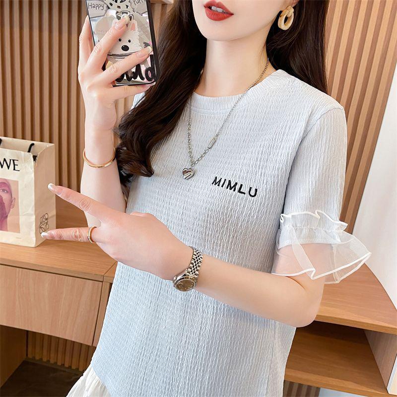 

Exquisite Ruffle Patchwork Plus Size Women s Summer T-shirt, Unique Chic Short Sleeve Design L світло-синій колір