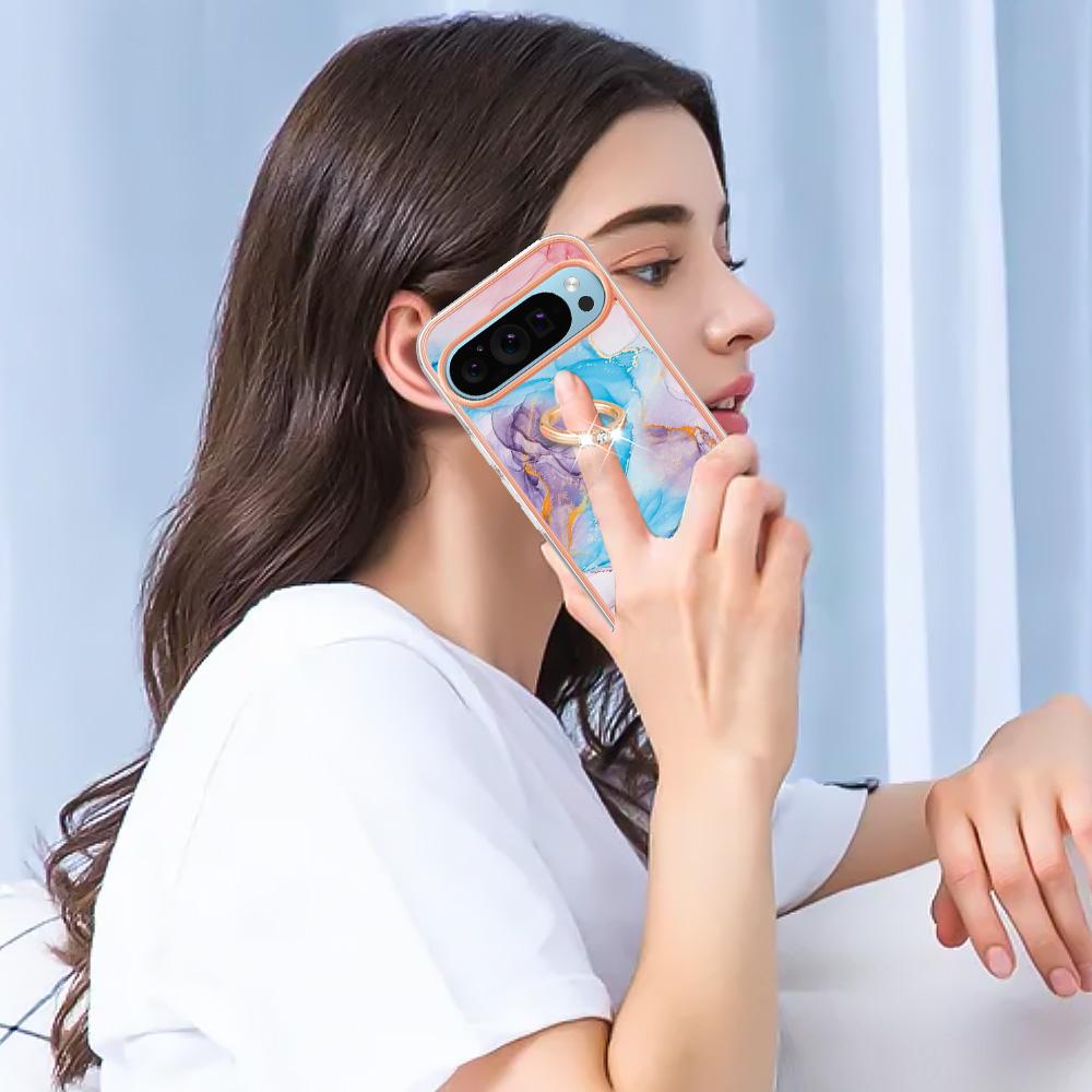 For Google Pixel 9/Pixel 9 Pro Case with Ring Kickstand IMD Marble Pattern TPU Back Cover