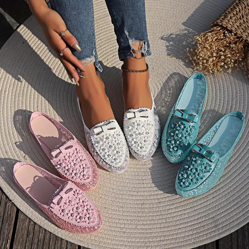 Damskie buty na płaskiej podeszwie z dekoracją kwiatową, modny wzór z siateczki w kształcie kokardki, buty wsuwane bez pleców, stylowe letnie buty outdoorowe