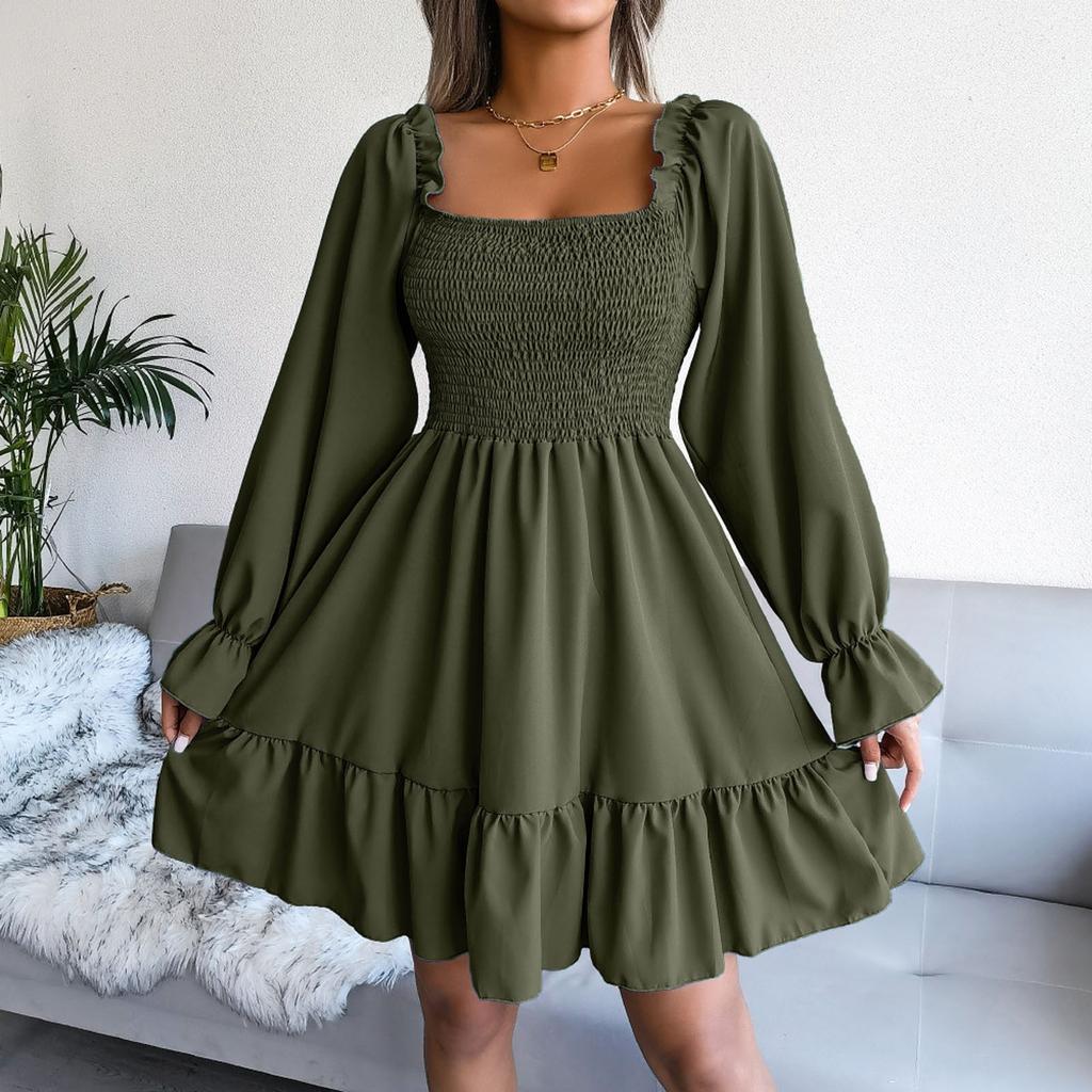 Women's Spring/Summer Square Neck Flared Long Sleeve Ruffle Dress