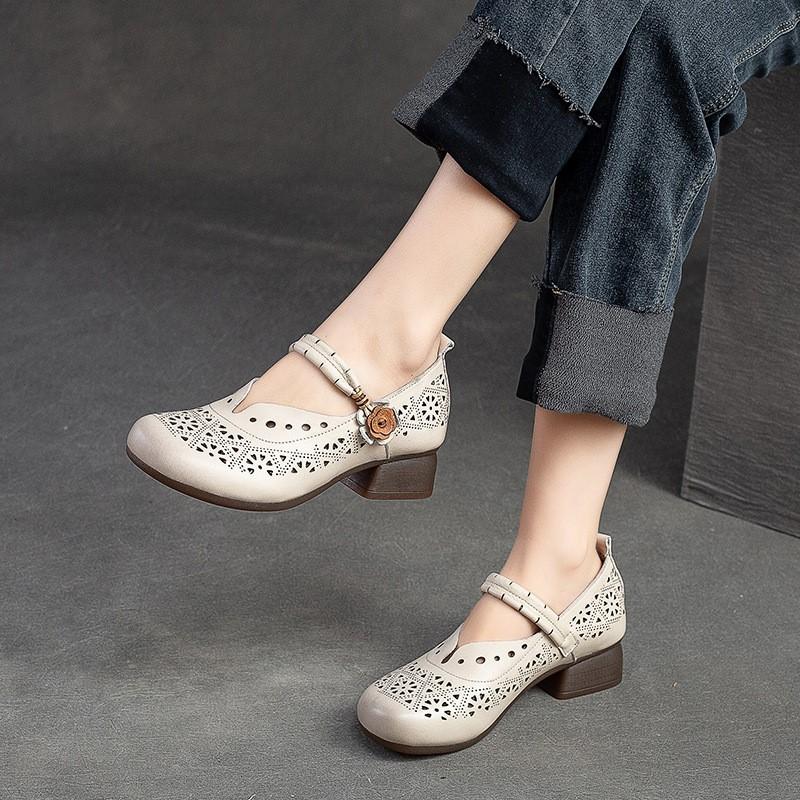 Hohle, atmungsaktive Damen-Sandalen, echtes Leder, Retro-Med-Heels, Pumps, bequeme Schuhe mit runder Zehenpartie