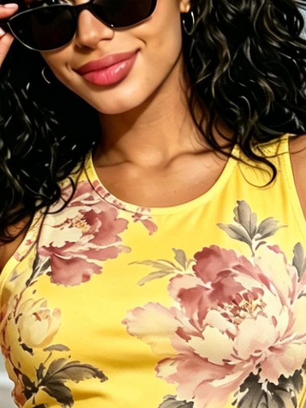 Yellow Base Floral Print Bodycon Mini Dress, Slim Fit Round Neck Beach Vacation Dress