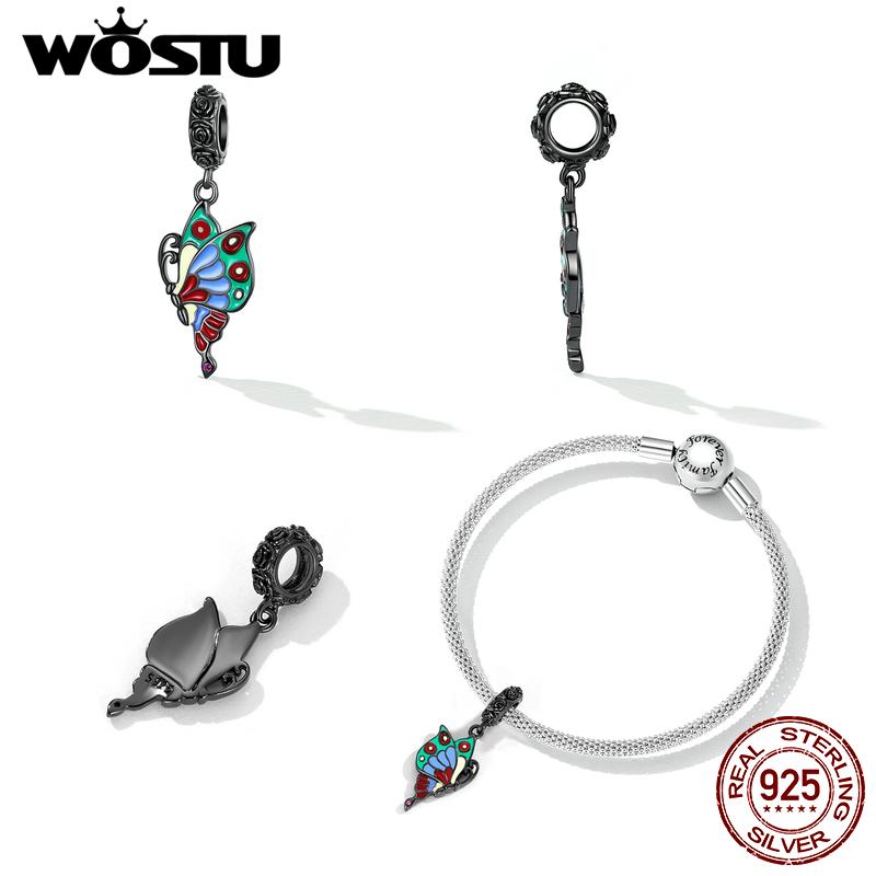 WOSTU 925 Sterling Silver Plated Black Gold Colorful Rose Butterfly Pendant Animal Charm Beads Fit Original DIY Bracelet Jewelry
