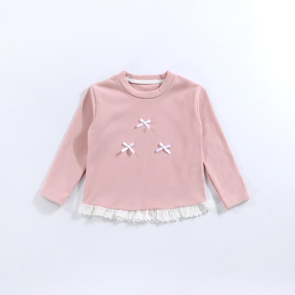Girls Spring Base Layer Versatile Long-Sleeve Lace Round-Neck Top with Bow Korean-Style Outerwear for Girls