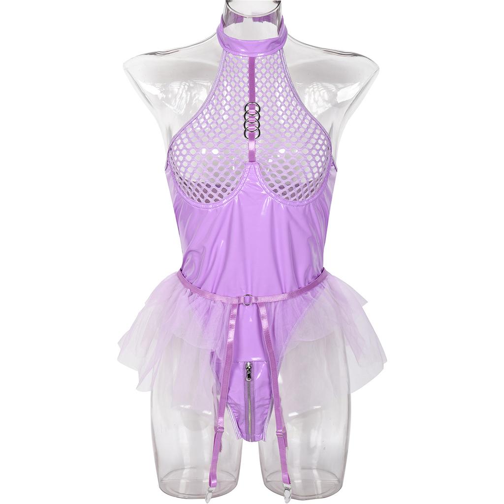 European Sexy, PU Patent Leather Mesh, Splicing Neck, Underwear Mesh, Skirt Skirt, Garter Belts, Detachable Jumpsuit