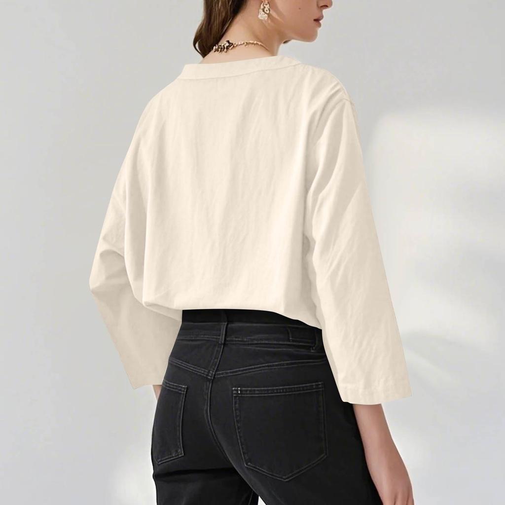 Dámská móda Volný stojáček Knoflík Bavlna Len Sedmirukávový Top