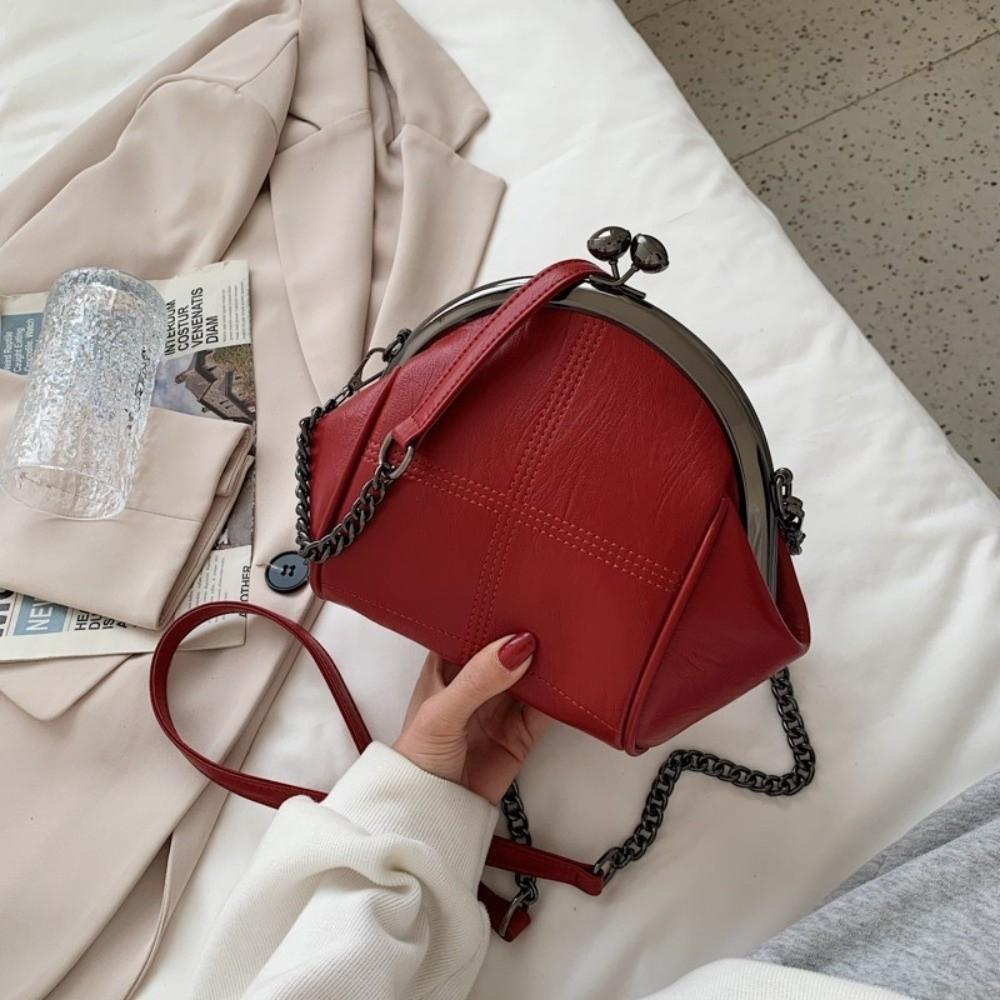 Solid Color Kiss Lock Handbag Chain Strap Large Capacity PU Leather Crossbody Bag Short Handle Clip Closure Clutch Shoulder Bag
