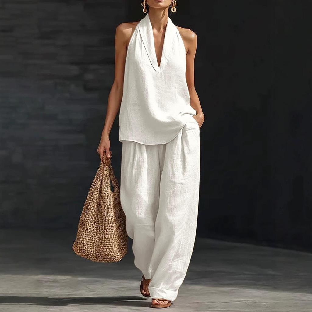 European & American Plus Size Halter V-neck Cotton Linen Blend Camisole
