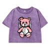 Lovely Puppet Bear Print Female Washed Short Tshirts Breathable T-Shirts Summer Soft Clothes Loose Distress Tshirts Women
