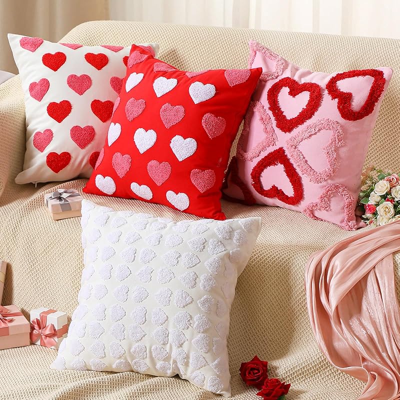 4 Pcs Valentine's Day Throw Pillow Covers 18x18 Inch Red Pink Heart Pillow Cases Soft Heart Shape Embroidery Cushion Covers for Valentine's Day Couch