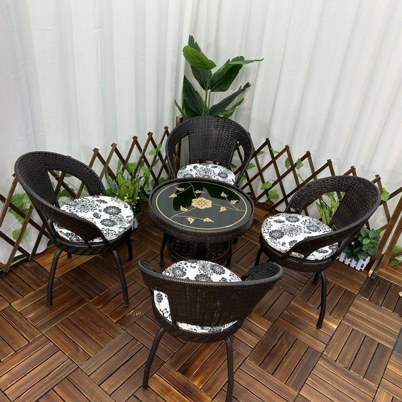 Three-Piece Chinese Style Rattan Table and Chair Set - Indoor Balcony Swivel Chair, Durable Round Five-Piece Swivel Design