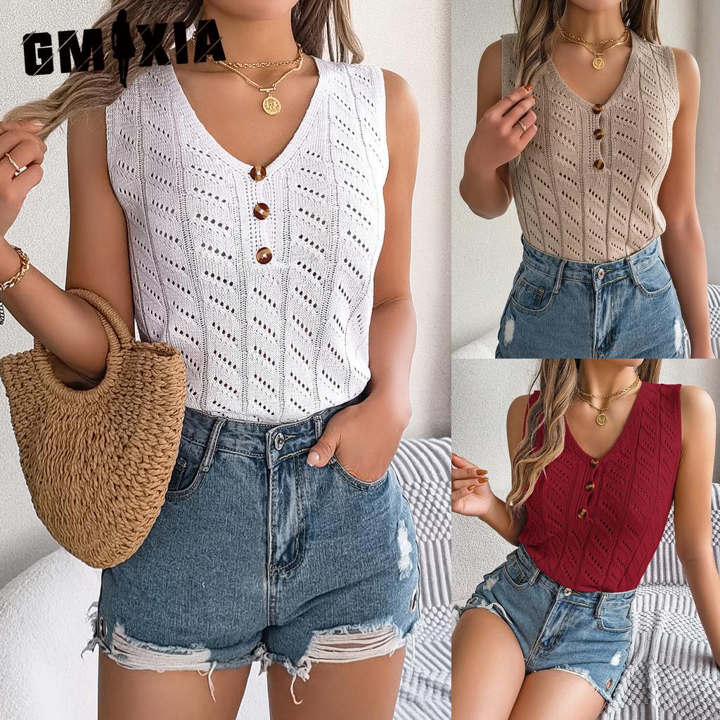 GMXIA Summer Solid Color Button V-neck Cuffed Sleeveless Top Vacation Knitted Sweater Women's Wear