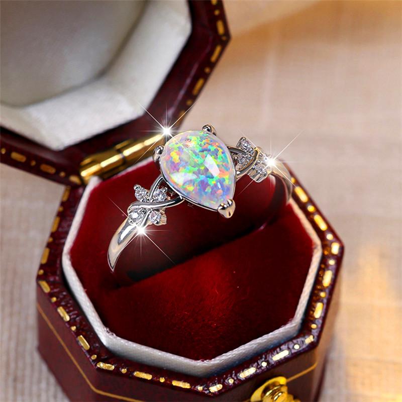 Luxury Female White Fire Opal Stone Engagement Ring Trendy Silver Color Water Drop Wedding Jewelry Gift For Women